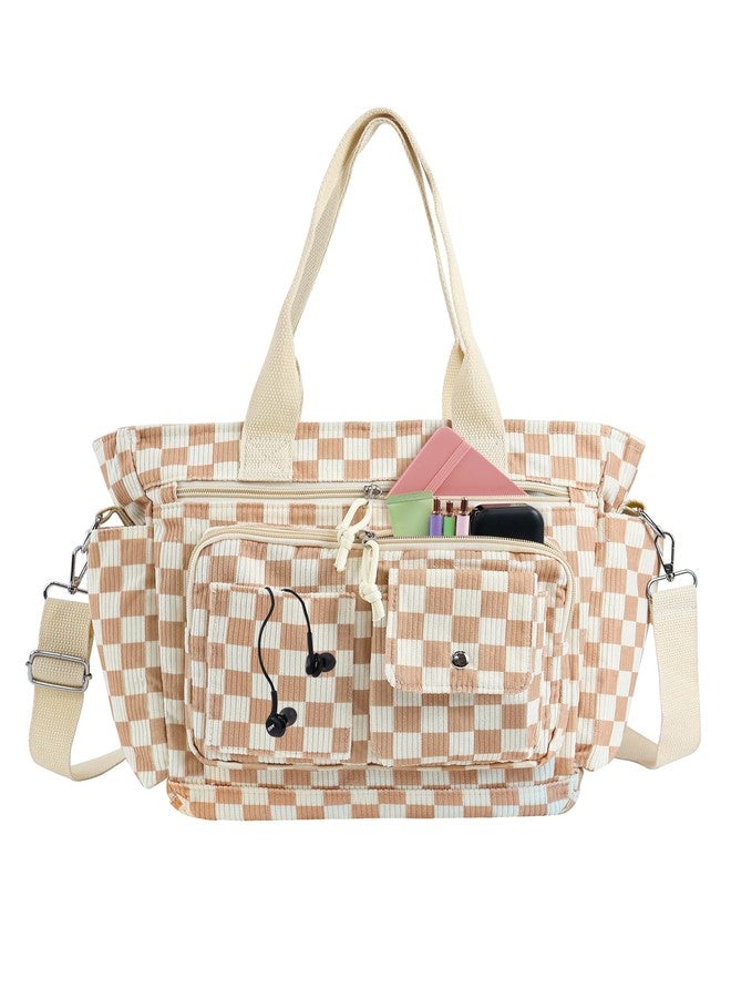 PainZieteg Checkered Tote Bag Bow Bag With Multi Pocket Women Girls Crossbody Corduroy Handbags Purse Work Travel, Brown Plaid Print - Image 1